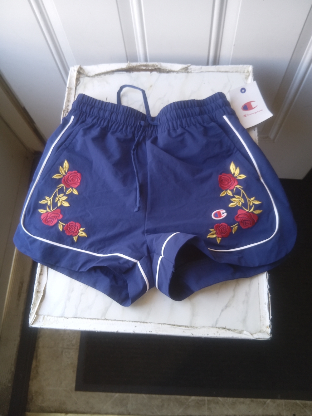 Champion Navy Athletic Shorts with Red Floral Embroidery